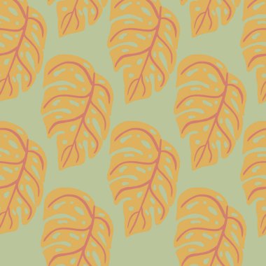 Rengi soluk, turuncu canavar yeşillik şekilli, pürüzsüz bir desen. Tropik yaprak izi. Gri arka plan. Stok çizimi. Tekstil, kumaş, hediye paketi, duvar kağıtları için vektör tasarımı.