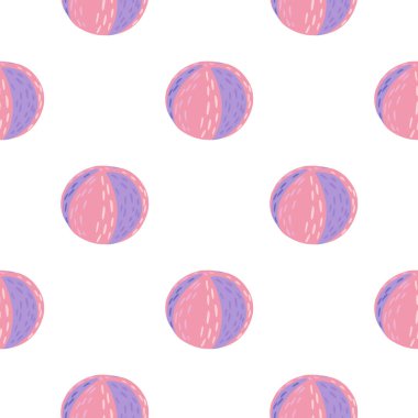 İzole edilmiş, pembe ve mor renkli top şekilli, dikişsiz çocuk modeli. Beyaz arka plan. Tekstil, kumaş, hediye paketi, duvar kağıtları için düz vektör baskısı. Sonsuz illüstrasyon.
