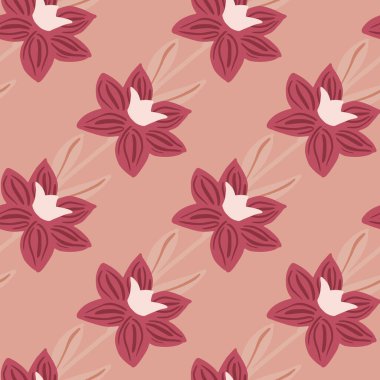 Çayır doğası kusursuz desenli, karalama çiçeği şeklinde, basit siluetlerle. Pembe renkler arka plan. Basit bir tasarım. Tekstil, kumaş, hediye paketi, duvar kağıtları için düz vektör baskısı. Sonsuz illüstrasyon.