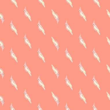 Küçük açık papağan papağanı karalama stilinde kusursuz desen çiziyor. Pembe arka planlı el çizimi bir fon. Tekstil, kumaş, hediye paketi, duvar kağıtları için düz vektör baskısı. Sonsuz illüstrasyon.