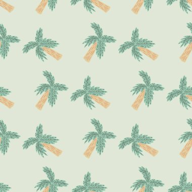Pastel palet pürüzsüz desenli çizgi film karalama palmiye ağacı süsü. Açık gri arkaplan. Yaratıcı baskı. Kağıt ve kumaş dokuları için grafiksel tasarım. Vektör İllüstrasyonu.