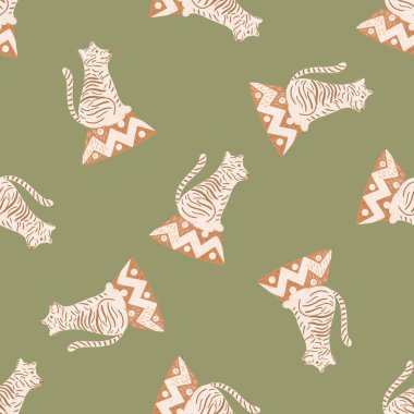 Hafif kaplan silueti süslemeli rastgele karalama desenleri. Yeşil zeytin arka planı. Mevsimlik tekstil baskıları, kumaş, afişler, arkaplanlar ve duvar kağıtları için vektör illüstrasyonu.