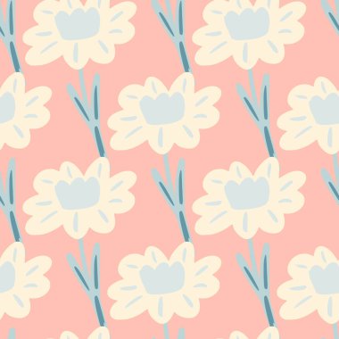 Klasik, düz, çiçeksiz desenli, karalamalı, basit beyaz çiçek siluetleri. Açık pembe arka plan. Kağıt ve kumaş dokuları için grafiksel tasarım. Vektör İllüstrasyonu.