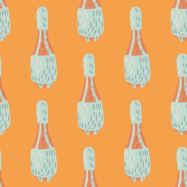 Mavi sirk hokkabazı gürz elementleri dikişsiz karalama baskısı. Turuncu arka plan. Dekoratif fon. Mevsimlik tekstil baskıları, kumaş, afişler, arkaplanlar ve duvar kağıtları için vektör illüstrasyonu.