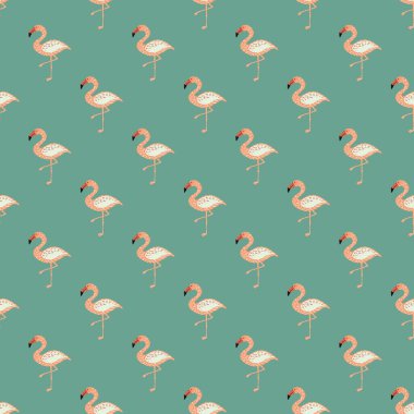 Çizgi film flamingo siluetleri ile kusursuz desenli Pastel palet. Mavi arka plan. Hayvan arkaplanı. Kağıt ve kumaş dokuları için grafiksel tasarım. Vektör İllüstrasyonu.