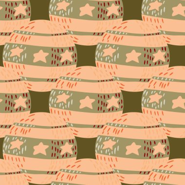 Karalama elle çizilmiş sirk topu elementleriyle soyut, pürüzsüz desen. Açık pembe ve yeşil palet çizimleri. Tekstil, kumaş, hediye paketi, duvar kağıtları için düz vektör baskısı. Sonsuz illüstrasyon.