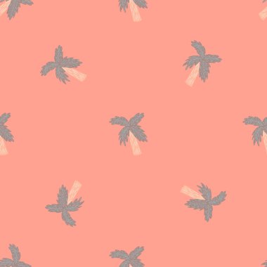 Mavi renkli palmiye ağacı süsüsüyle kusursuz desenli minimalist bir stil. Pembe arka plan. Doodle tarzı. Kağıt ve kumaş dokuları için grafiksel tasarım. Vektör İllüstrasyonu.