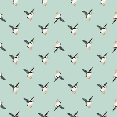 Soyut hayvanat bahçesi, pürüzsüz kutup desenli, martı kuş desenli. Mavi pastel arka plan. Yaratıcı tasarım. Tekstil, kumaş, hediye paketi, duvar kağıtları için düz vektör baskısı. Sonsuz illüstrasyon.