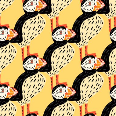 Basit martı kuş siluetleriyle karalama tarzında kusursuz bir Kuzey Kutbu hayvanat bahçesi deseni. Sarı arka plan. Tekstil, kumaş, hediye paketi, duvar kağıtları için düz vektör baskısı. Sonsuz illüstrasyon.