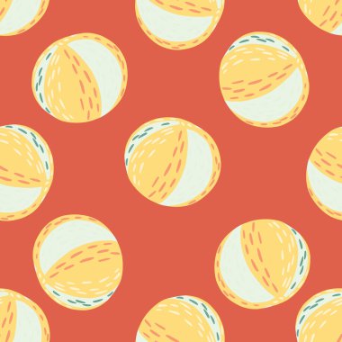 Pastel, çocukların plaj topu stili elementleriyle pürüzsüz bir desen çizer. Mercan arka planı. Aktivite düz baskı. Tekstil, kumaş, hediye paketi, duvar kağıtları için düz vektör baskısı. Sonsuz illüstrasyon.