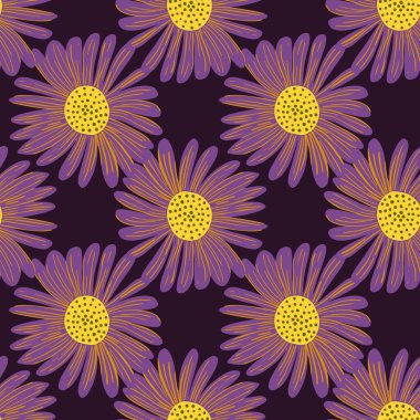 Basit mor papatya çiçekli siluetleri olan dekoratif, pürüzsüz desenler. Karanlık arka plan. Doodle tarzı. Tekstil, kumaş, hediye paketi, duvar kağıtları için düz vektör baskısı. Sonsuz illüstrasyon.