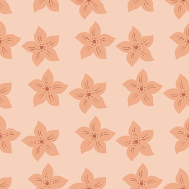 Pastel, botanik tropik çiçek süsüyle kusursuz bir desen oluşturur. Pembe soluk bir palet. El çizimi stili. Mevsimlik tekstil baskıları, kumaş, afişler, arkaplanlar ve duvar kağıtları için vektör illüstrasyonu.