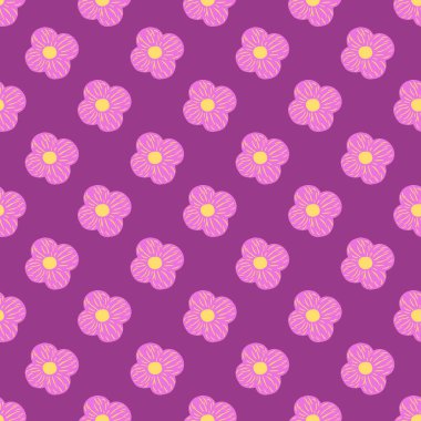 Çiçek desenli mor renkte, el çizimi basit bir çiçek deseni. Mor ve leylak renkleri. Mevsimlik tekstil baskıları, kumaş, afişler, arkaplanlar ve duvar kağıtları için vektör illüstrasyonu.