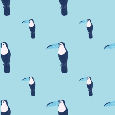 Orman kuşu desensiz, karalama stili, basit tukan şekilli süs. Mavi palet kuş izi. Tekstil, kumaş, hediye paketi, duvar kağıtları için düz vektör baskısı. Sonsuz illüstrasyon.