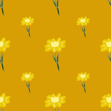 Basit sarı çiçek süsüsüyle süslenmiş klasik, dikişsiz bir yaz deseni. Ocher 'ın geçmişi. Kağıt ve kumaş dokuları için grafiksel tasarım. Vektör İllüstrasyonu.