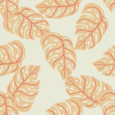 Turuncu pastel canavarın silueti, tropik, dikişsiz desen. Gri arka plan. Doğa vahşi bitki örtüsü. Stok çizimi. Tekstil, kumaş, hediye paketi, duvar kağıtları için vektör tasarımı.