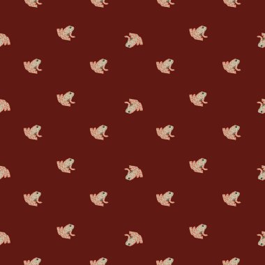 Soyut küçük kurbağa siluetleri kusursuz hayvanat bahçesi amfibi desenleri. Koyu kahverengi arka plan. Çocuklar basar. Tekstil, kumaş, hediye paketi, duvar kağıtları için düz vektör baskısı. Sonsuz illüstrasyon.