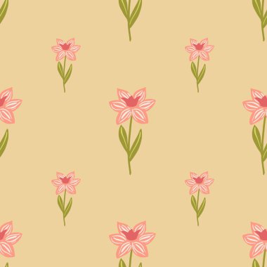 Elle çizilmiş pembe şekilli klasik, kusursuz desenler basit çiçek siluetleri. Bej arka plan. Tekstil, kumaş, hediye paketi, duvar kağıtları için düz vektör baskısı. Sonsuz illüstrasyon.