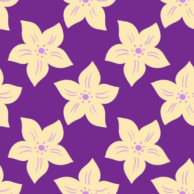 Kontrastsız karalama deseni ve sarı ışıklı tropik çiçek süsü. Mor parlak arkaplan. Mevsimlik tekstil baskıları, kumaş, afişler, arkaplanlar ve duvar kağıtları için vektör illüstrasyonu.