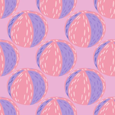 Pembe ve mor renkli plaj toplarıyla hareketsiz desen. Çocuk tarzı fon. Tekstil, kumaş, hediye paketi, duvar kağıtları için düz vektör baskısı. Sonsuz illüstrasyon.