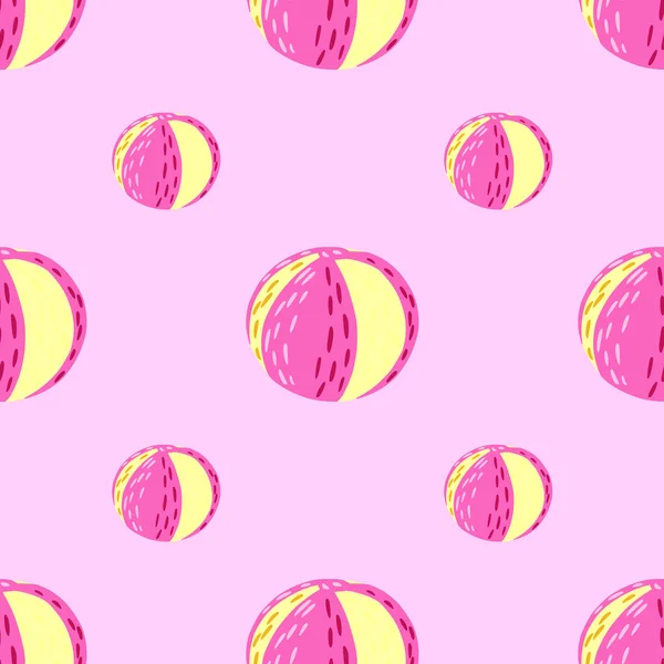 Pembe ve sarı renkli plaj toplarıyla parlak, pürüzsüz bir yaz. Pastel arka plan. Tekstil, kumaş, hediye paketi, duvar kağıtları için düz vektör baskısı. Sonsuz illüstrasyon.