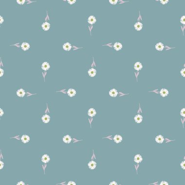 Geometrik dikişsiz karalama deseni ve beyaz renkli el çizimi kasımpatı süsü. Pastel mavi arka plan. Stok çizimi. Tekstil, kumaş, hediye paketi, duvar kağıtları için vektör tasarımı.
