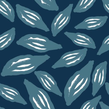 Yapraklar soyut, dikişsiz karalama deseni ve basit siluet süsü. Deniz mavisi. Tekstil, kumaş, hediye paketi, duvar kağıtları için düz vektör baskısı. Sonsuz illüstrasyon.
