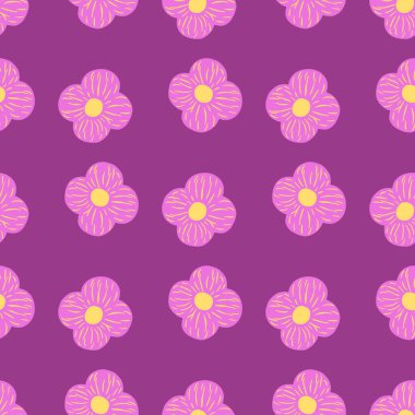 Basit çiçek süsüsüyle eflatun ve mor tonlarda yaz dekoratif desenler. Doodle tarzı. Mevsimlik tekstil baskıları, kumaş, afişler, arkaplanlar ve duvar kağıtları için vektör illüstrasyonu.