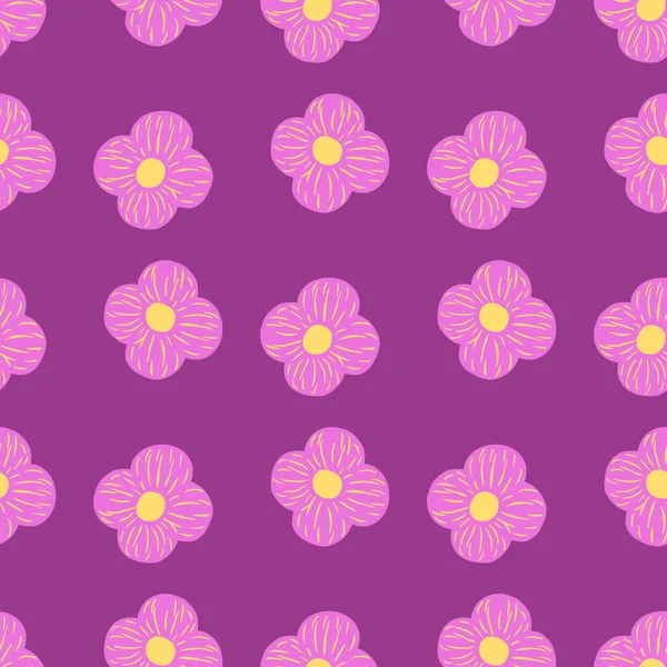 Basit çiçek süsüsüyle eflatun ve mor tonlarda yaz dekoratif desenler. Doodle tarzı. Mevsimlik tekstil baskıları, kumaş, afişler, arkaplanlar ve duvar kağıtları için vektör illüstrasyonu.