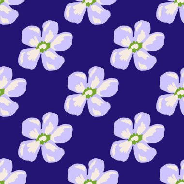 Açık mavi çiçekli, parlak, pürüzsüz desenli papatya süsü. Deniz mavisi. Çiçek izi. Kumaş tasarımı, tekstil baskısı, ambalaj, kapak için harika. Vektör illüstrasyonu.