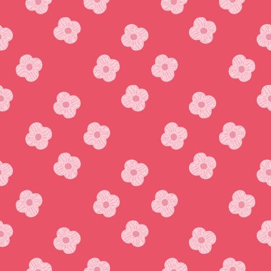 Geometrik basit çiçek tomurcukları ve siluetleriyle tatsız, pürüzsüz bir desen. Parlak pembe arka plan. Mevsimlik tekstil baskıları, kumaş, afişler, arkaplanlar ve duvar kağıtları için vektör illüstrasyonu.