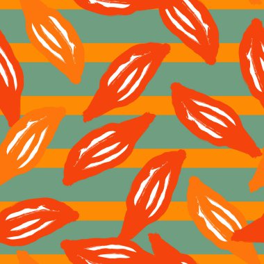 Turuncu yapraklı siluet desenli parlak yaz yapraksız yaprak deseni. Çizgili mavi arka plan. Tekstil, kumaş, hediye paketi, duvar kağıtları için düz vektör baskısı. Sonsuz illüstrasyon.