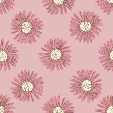 Çiçeksiz desenli, soluk pembe tonlar ve elle çizilmiş papatya çiçeği tomurcukları. Botanik arka planı. Tekstil, kumaş, hediye paketi, duvar kağıtları için düz vektör baskısı. Sonsuz illüstrasyon.