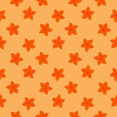 Parlak turuncu tropikal çiçek süsüsüyle, yaratıcı, soyut, pürüzsüz desen. Pastel arka plan. Mevsimlik tekstil baskıları, kumaş, afişler, arkaplanlar ve duvar kağıtları için vektör illüstrasyonu.