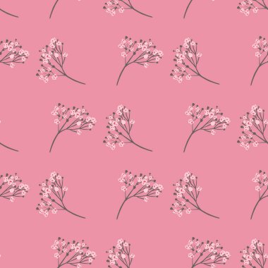 Şirin bir gypsohilla süsü olan kusursuz doğa deseni. Pembe arka planda karalama çiçeği süsü. Stok çizimi. Tekstil, kumaş, hediye paketi, duvar kağıtları için vektör tasarımı.