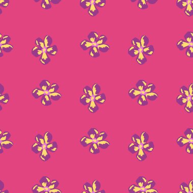 Klasik, dikişsiz, parlak desenli, elle çizilmiş çiçek siluetleri. Parlak pembe arka plan. Kumaş tasarımı için dekoratif zemin, tekstil baskısı, ambalaj, kapak. Vektör illüstrasyonu.