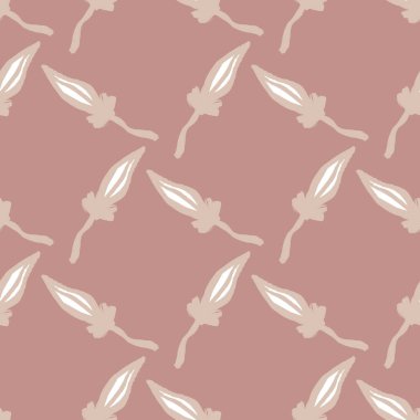Beyaz geometrik soyut yaprak süslemesiz desen. Pastel pembe arka plan. Doğa botanik izi. Tekstil, kumaş, hediye paketi, duvar kağıtları için düz vektör baskısı. Sonsuz illüstrasyon.