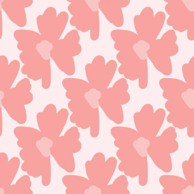 Basit pembe çiçek silueti süsüsüyle izole edilmiş karalama deseni. Beyaz arka plan. Kumaş tasarımı için dekoratif zemin, tekstil baskısı, ambalaj, kapak. Vektör illüstrasyonu.