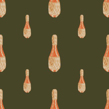 El çizimi turuncu jonglör topuzi elementler pürüzsüz desen. Yeşil zeytin arka planı. Mevsimlik tekstil baskıları, kumaş, afişler, arkaplanlar ve duvar kağıtları için vektör illüstrasyonu.