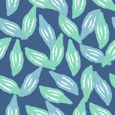 Bright blue leaves seamless pattern in hand drawn doodle style. Random floral botanic backdrop. Flat vector print for textile, fabric, giftwrap, wallpapers. Endless illustration.