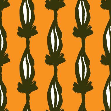 Green olive contoured leaves seamless pattern in hand drawn style. Orange bright background. Flat vector print for textile, fabric, giftwrap, wallpapers. Endless illustration.