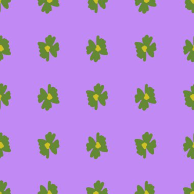 Parlak mor arkaplanda yeşil çiçek tomurcuğu süsü olan kusursuz yaz renkleri. Kumaş tasarımı için dekoratif zemin, tekstil baskısı, ambalaj, kapak. Vektör illüstrasyonu.