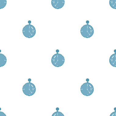 Kronometre mavi zamanlayıcı elementleriyle izole edilmiş. Beyaz arka plan. El çizimi stili. Kumaş tasarımı için dekoratif zemin, tekstil baskısı, ambalaj, kapak. Vektör illüstrasyonu.