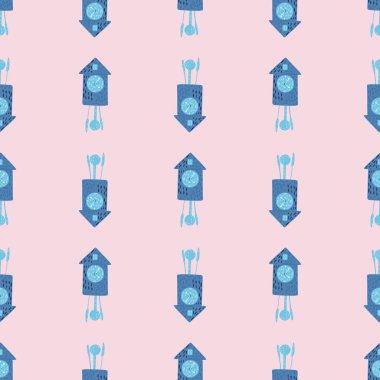 Pembe ve mavi renkli soyut guguklu saat unsurları. El çizimi antika zaman arkaplanı. Mevsimlik tekstil baskıları, kumaş, afişler, arkaplanlar ve duvar kağıtları için vektör illüstrasyonu.