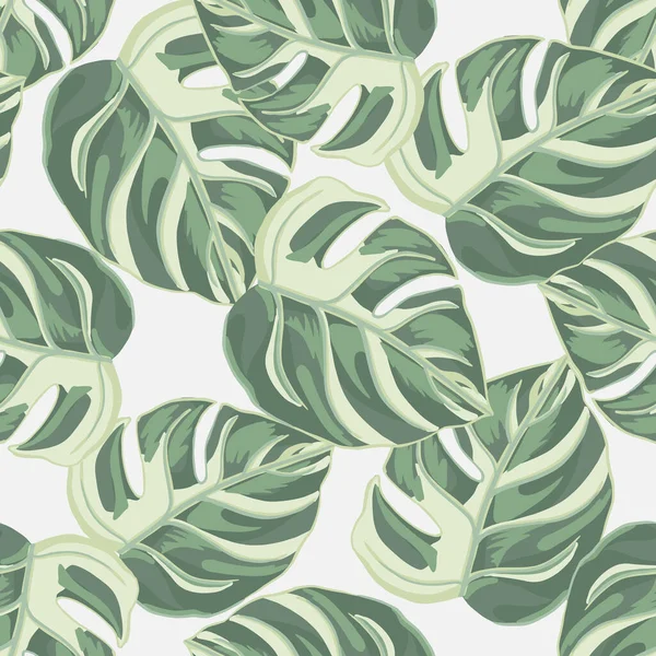 白い背景に熱帯のシームレスなパターン 葉のモンスターライトグリーンと抽象的な質感の装飾 印刷のための夏の自然ジャングルのファッション ベクターイラストデザイン — ストックベクタ