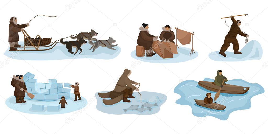 Set Eskimo isolated on white background. Different composition people, sledding, fishing, hunting, sewing, boating, igloo construction. Character design vector illustration.