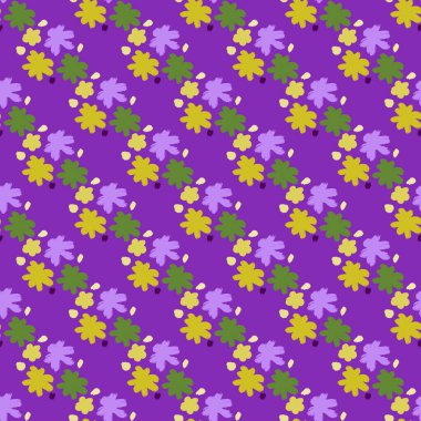 Parlak sarı ve yeşil renkli çiçek elementleri iz bırakır. Mor arka plan. Elle çizilmiş süs. Mevsimlik tekstil baskıları, kumaş, afişler, arkaplanlar ve duvar kağıtları için vektör illüstrasyonu.