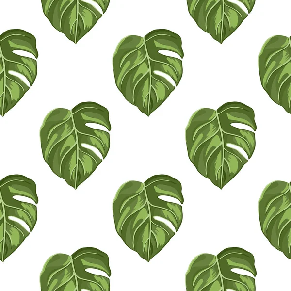 白い背景に熱帯のシームレスなパターン 葉のモンスターグリーンと抽象的な質感の装飾 印刷のための夏の自然ジャングルのファッション ベクターイラストデザイン — ストックベクタ