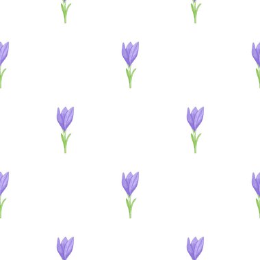 Basit mavi krokus çiçeği elementleriyle izole edilmiş, kusursuz karalama deseni. Beyaz arka plan. Kağıt ve kumaş dokuları için grafiksel tasarım. Vektör İllüstrasyonu.