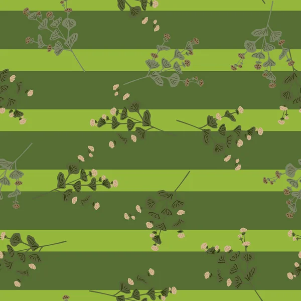 Случайный Ботанический Бесшовный Рисунок Силуэтами Полевых Цветов Зеленом Полосатом Фоне — стоковый вектор